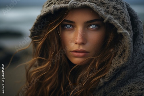 Portrait photography of a beautiful woman with intense blue eyes