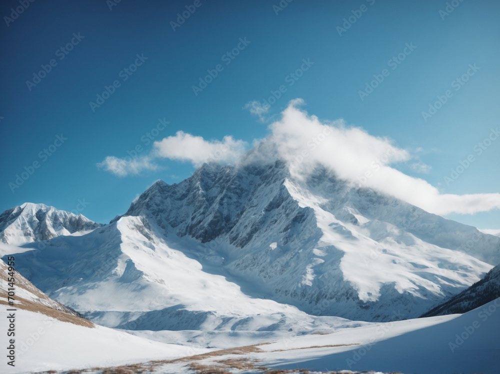 snow covered mountains in winter, snowy mountain with blue sky, perfect composition, beautiful detailed , 8k photography, photorealistic , soft natural perfect light. AI generated
