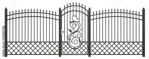 Decorative forded fence with poles and a gate. Wrought iron fence. 3D render, PNG.