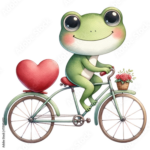 Cute frog riding a bicycle with heart  Happy Valentine s Day  Watercolor  Isolated on transparent background. Generative AI