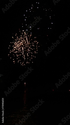 pyrotechnic fireworks show on the beach on New Year's Eve. vertical