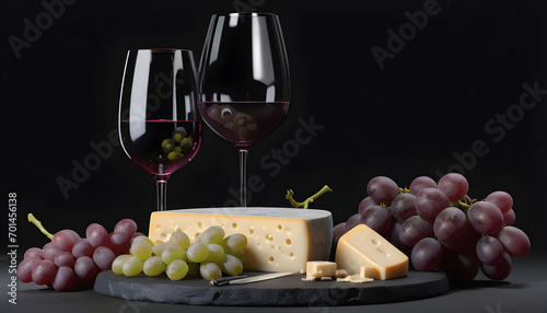 Different kinds of tasty cheese with wine and grapes.