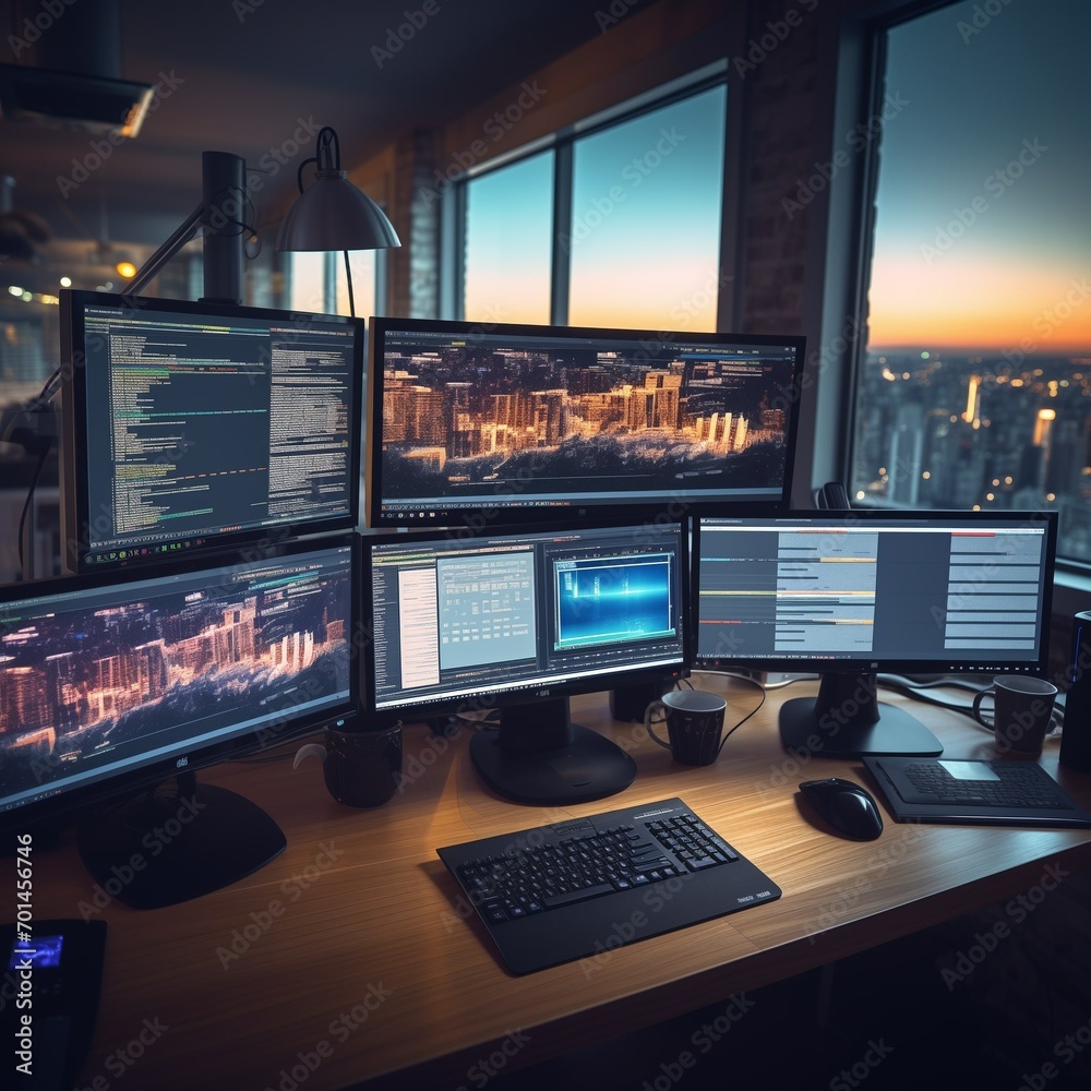 Naklejka premium A programmer's desk with multiple monitors