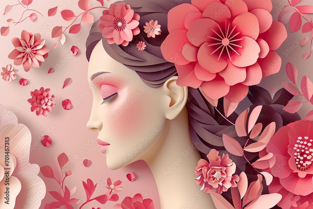 Beautiful paper art concept of a woman with flowers in her hair. International Women's Day concept. Beautiful paper art concept of a woman with flowers in her hair. International Women's Day concept.