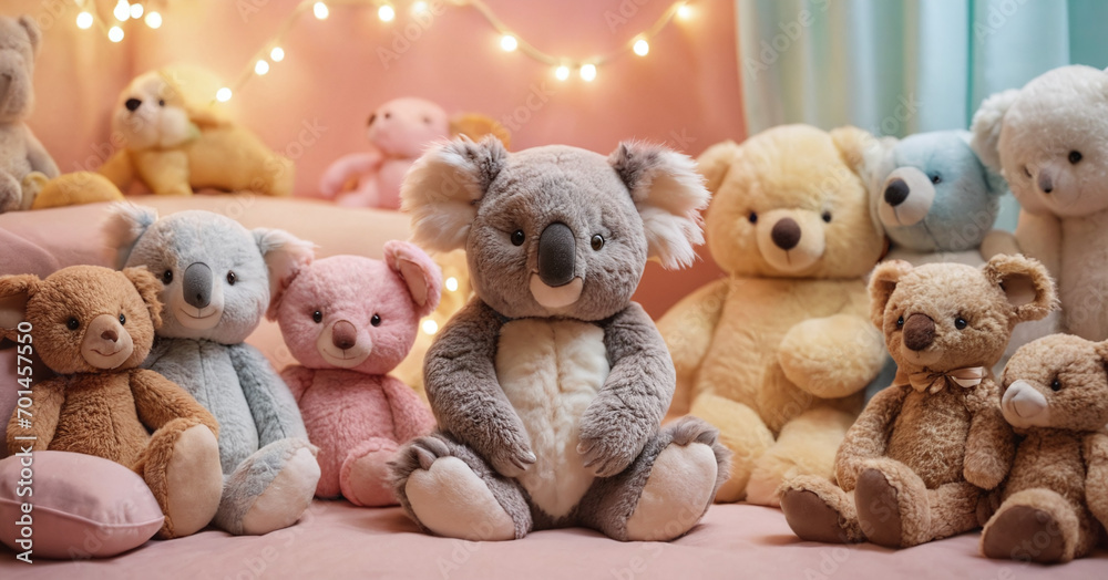 Collection of Soft Plush Teddy Bears and Koala Toy with Festive Fairy Lights Background in Warm Pastel Tones Collection of Soft Plush Teddy Bears and Koala Toy with Festive Fairy Lights Background in Warm Pastel Tones