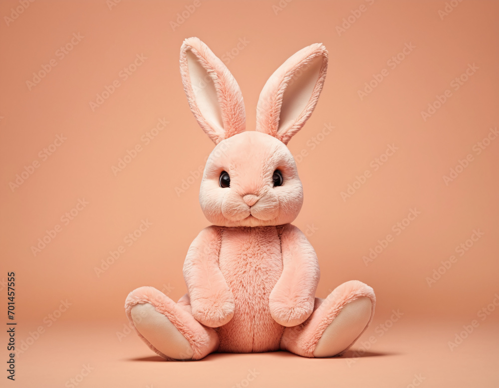 Cute Plush Bunny Toy Sitting On Peach Colored Background Perfect for Easter and Spring Themes