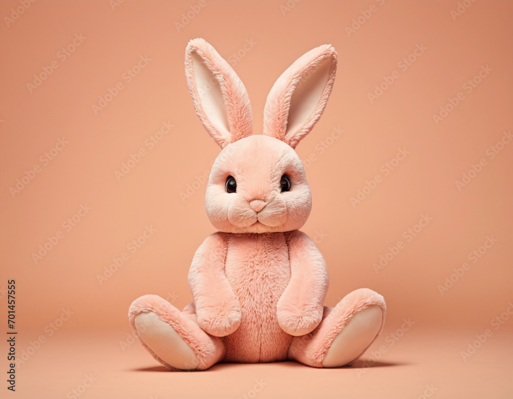 Cute Plush Bunny Toy Sitting On Peach Colored Background Perfect for Easter and Spring Themes Cute Plush Bunny Toy Sitting On Peach Colored Background Perfect for Easter and Spring Themes