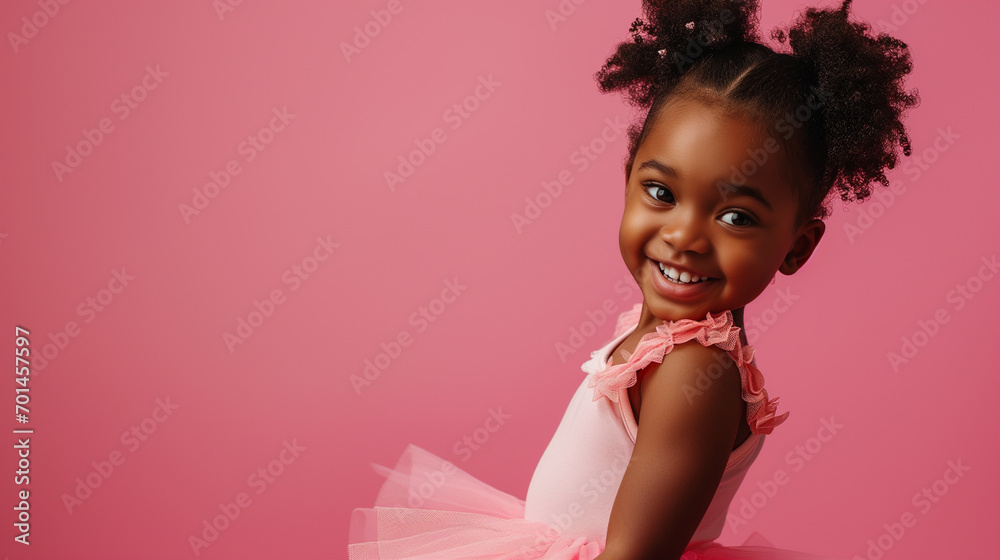 candid portrait of a little african girl in a pink ballerina tutu posing isolated on a pink pastel background with copy space. concept - advertising of a ballet school, ballet class for children
candid portrait of a little african girl in a pink ballerina tutu posing isolated on a pink pastel background with copy space. concept - advertising of a ballet school, ballet class for children