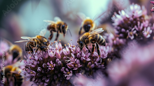  macro image of bees collecting nectar from flowers, close-up, beekeeping, apiary, honey production concept © ALL YOU NEED studio