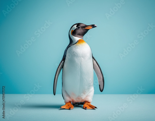 Gentoo Penguin Standing Against Aquamarine Background in Studio Shot photo