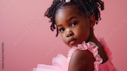  candid portrait of a little african girl in a pink ballerina tutu posing isolated on a pink pastel background with copy space. concept - advertising of a ballet school, ballet class for children