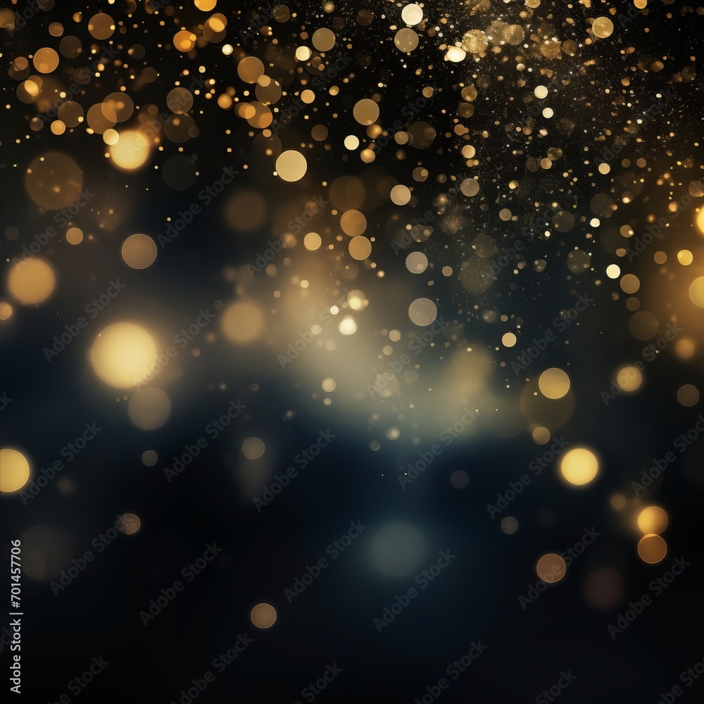 Abstract festive dark / black background with gold glitter and bokeh, luxury background, copy space