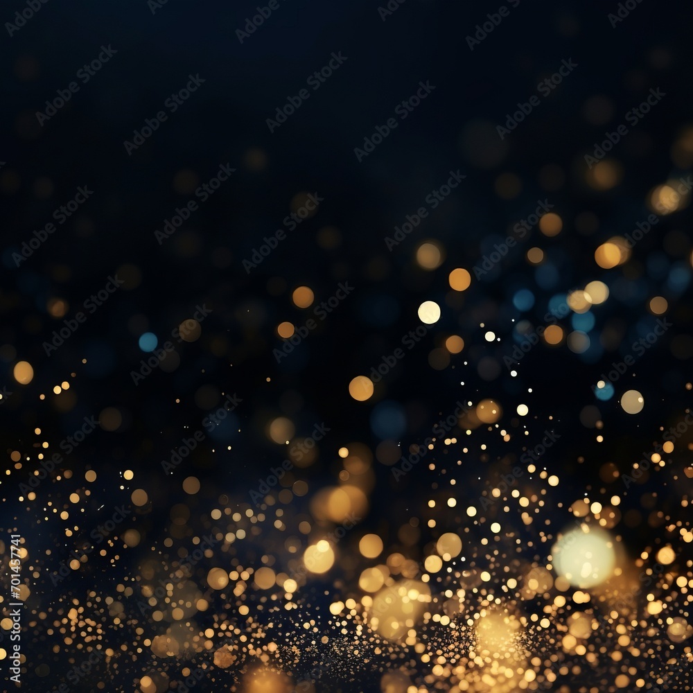 Abstract festive dark / black background with gold glitter and bokeh, luxury background, copy space