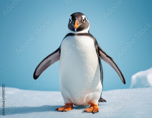 Adorable Gentoo Penguin Standing on Snowy Surface Under Clear Blue Sky © Kiss
