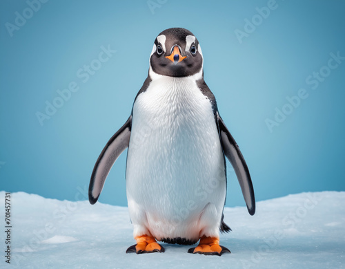 Adorable Gentoo Penguin Standing on Ice with a Blue Background in Antarctica