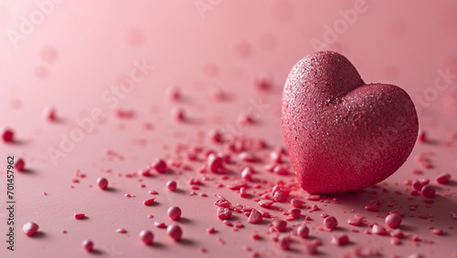 Red heart on pink background. One heart-shaped object is located to the side, there is space for text.