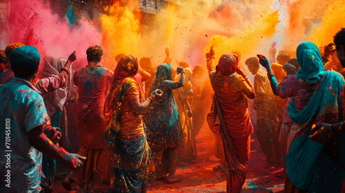 A crowd of Hindus sprinkle each other with paints at the traditional Holi paint festival. © lastfurianec