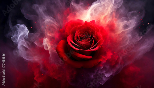 Czerwona róża, czarne tło, dym photo