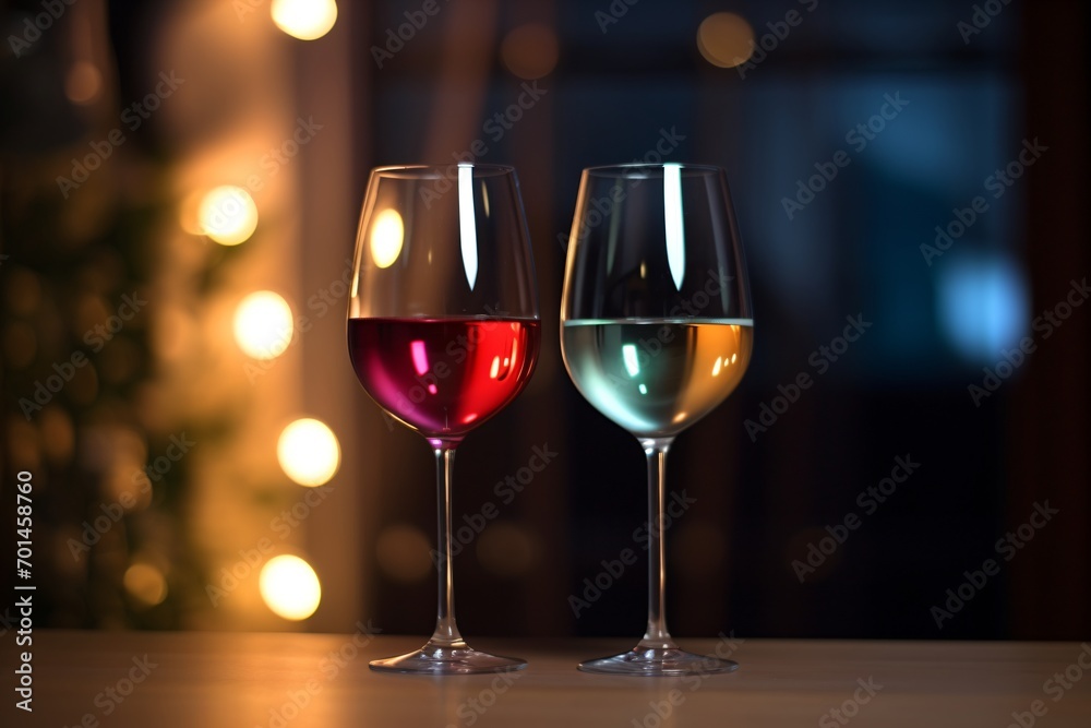 Two wine glasses on a table with one white wine glass and one red wine
