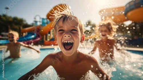 Child emotionally rejoices and laughs while swimming in a water park in summer in sunny weather. The joy of a child relaxing in a water park in summer. © Vitalii