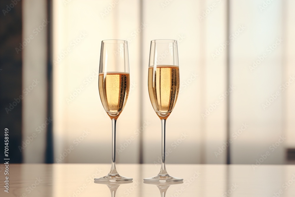 Two champagne flute glasses on a table