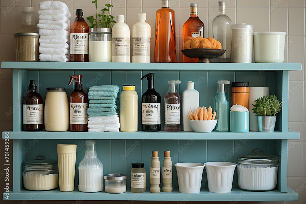 Generative AI - Shelves with a lot of products for body and skin care Generative AI - Shelves with a lot of products for body and skin care