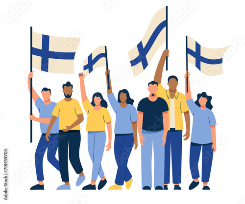 People are carrying flags of Finland. The people are on strike and chanting. Anarchy and revolution. The parade of voters