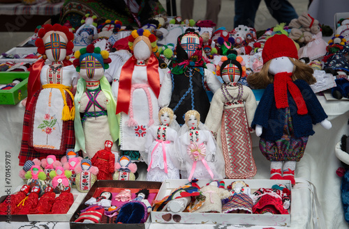 Ukrainian national motanka dolls at the fair, handmade art, traditions and history