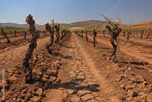 Vineyard during a period of drought. Natural disasters.Climate change and agricultural challenges, water conservation, the impact of drought on farming, and the resilience of plants.