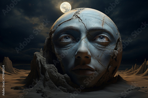 Surreal sculpture of a sad face in the middle of nowhere