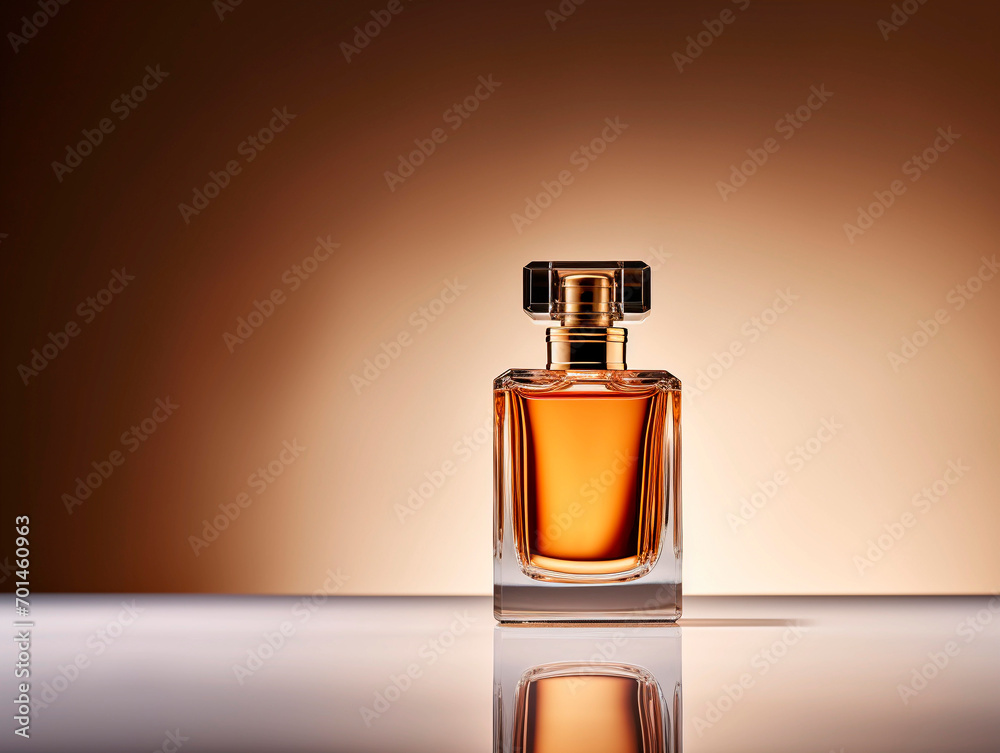 bottle of perfume on a brown background with reflection, close up