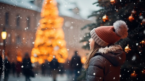Woman gazing at snowy Christmas tree