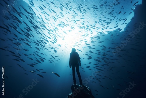 A scuba diver swimming with a group of fishes