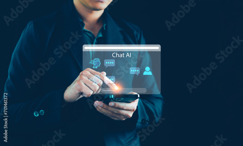 Chatbot Chat with AI concept, Artificial Intelligence. Businessman us technology smart robot AI, Artificial intelligence by command prompt to generate something, Futuristic technology transformation