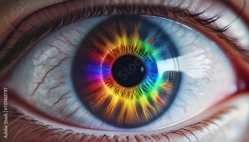 Human multicolored iris of the eye animation concept. Rainbow lines after a flash scatter out of a bright white circle and forming volumetric a human eye iris and pupil. 