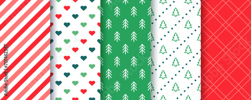 Seamless patterns. Christmas festive textures. Xmas backgrounds with stripes, trees, hearts and plaid. Set noel prints for wrapping paper. Collection red green New year backdrops. Vector illustration
