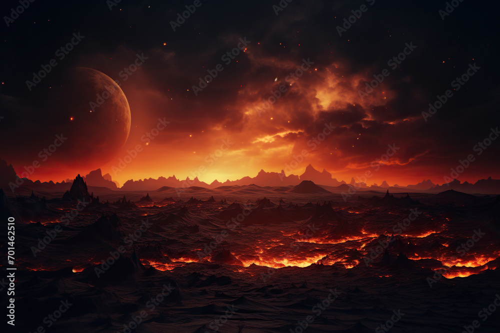 Surface of a fantasy planet with charred and burned earth and smoke. A celestial body is visible in the cloudy sky. Generated by artificial intelligence