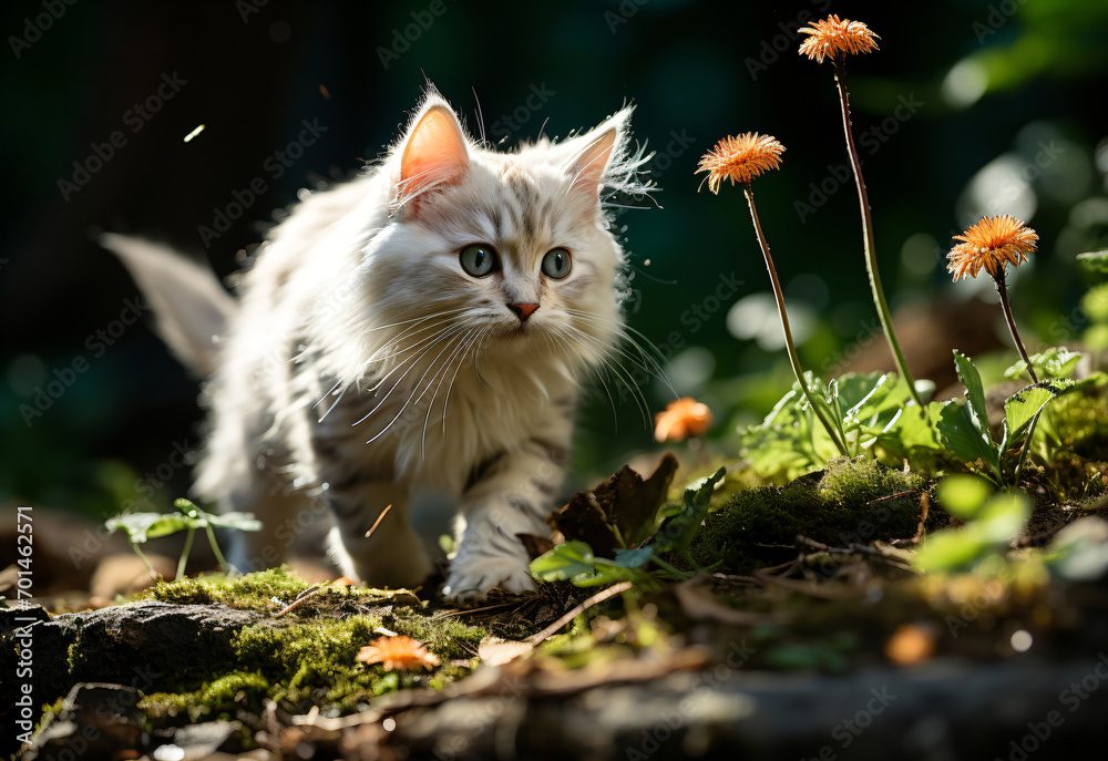 Fluffy cat explores a sunlit garden with orange flowers.
