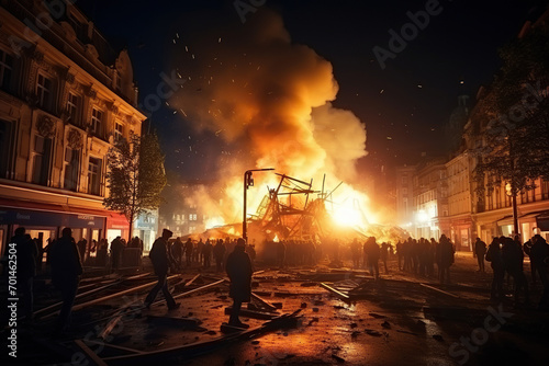 The city is surrounded by fires and clouds of smoke, destruction in the city. Generated by artificial intelligence