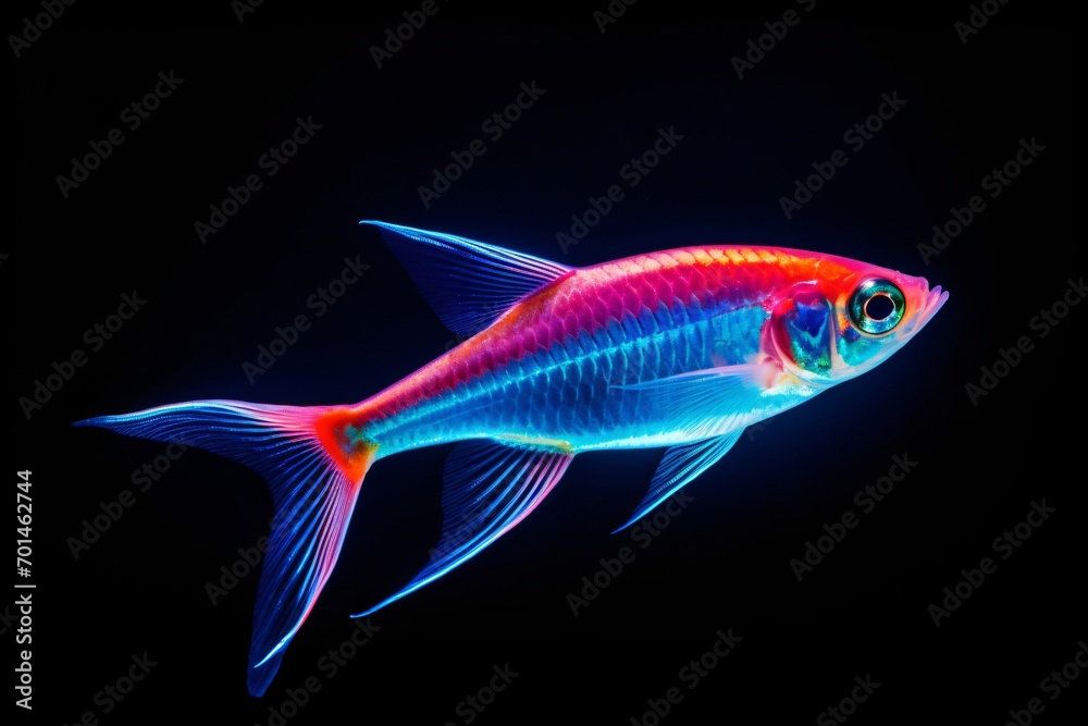 A red and blue glowing fish in the ocean A red and blue glowing fish in the ocean