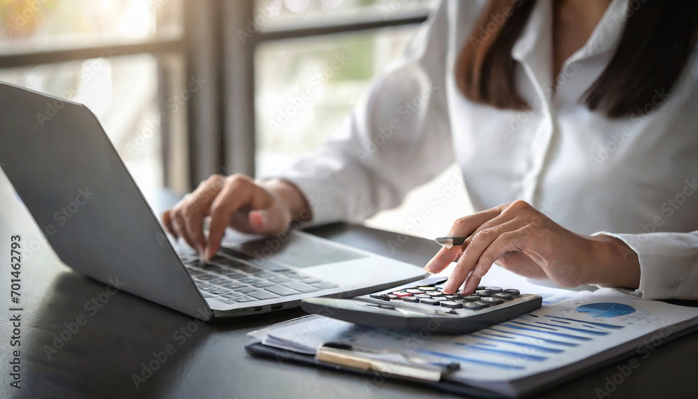 Businessman, accountant working on laptop computer, calculating and analyzing financial report, generative ai Businessman, accountant working on laptop computer, calculating and analyzing financial report, generative ai