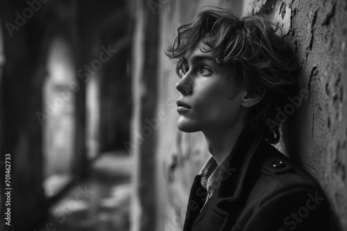 Black and white photograph of a mystical young man next to a wall