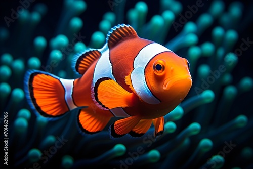 Closeup of a clownfish swimming underwater