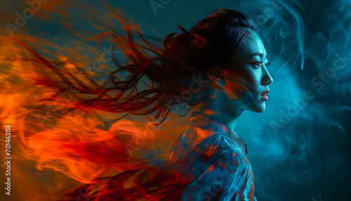 Fiery portrait of Asian woman in motion