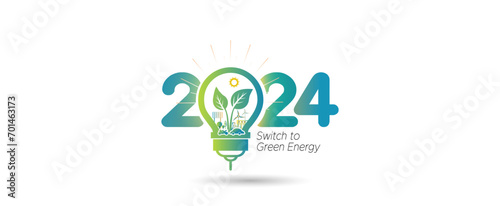 Vector design of 2024 new year with Futuristic green bio energy technology concept. Renewable energy background charging station, eco friendly vehicle.
