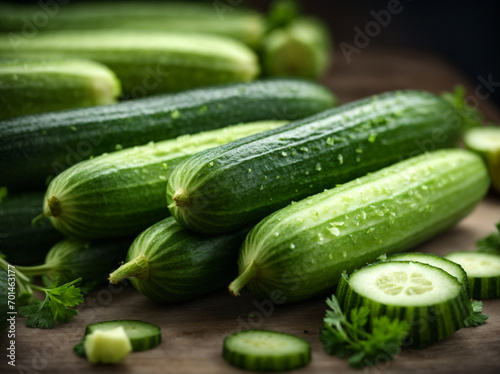 cucumbers in the market, Close-up of cucumbers with celery, perfect composition, beautiful intricate insanely detailed , 2d artistic photography, AI generated