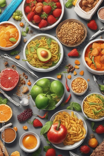 Assortment of healthy foods and grains on a shared table