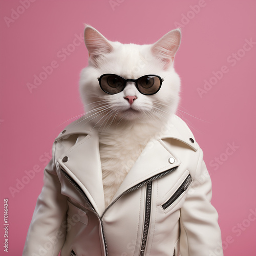 cat, white, leather jacket, glasses