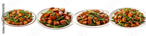 Plate of Spicy Tofu and Green Beans Stir Fry Hyperrealistic Highly Detailed Isolated On Transparent Background Png File