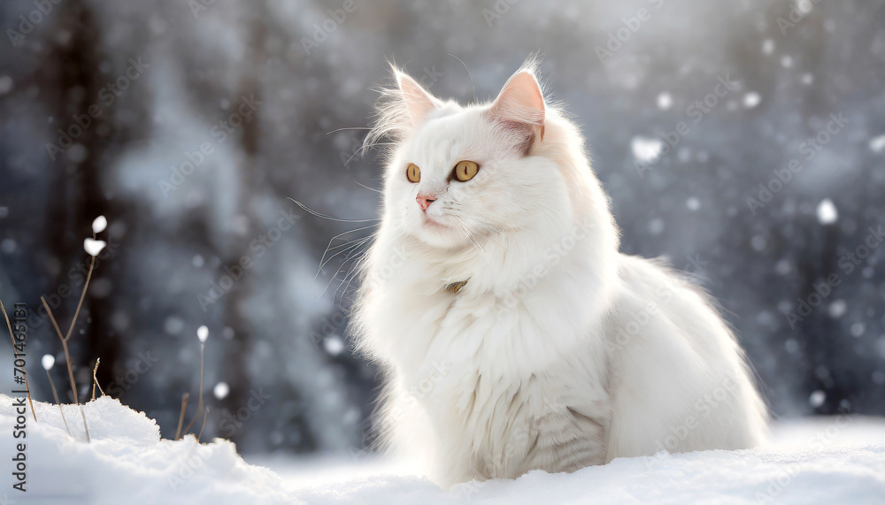Fluffy Guardian: Turkish Angora Cat's Majestic Presence on a Snow Background Fluffy Guardian: Turkish Angora Cat's Majestic Presence on a Snow Background